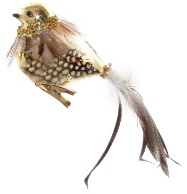 Glass bird shiny gold feather tail and necklace on clip 20cm