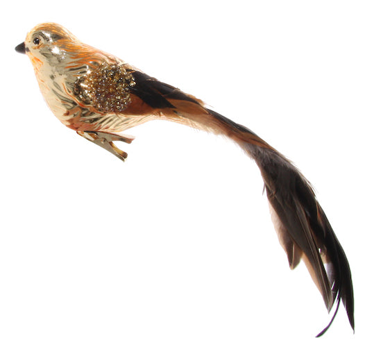 Glass bird shiny gold long brown feather
