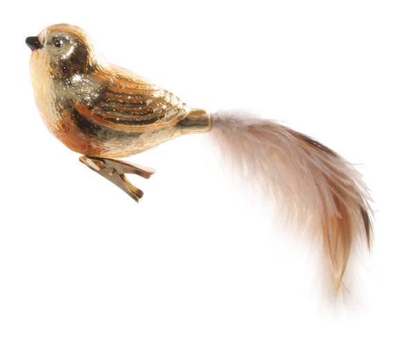 Glass bird gold feather tail on clip 20c