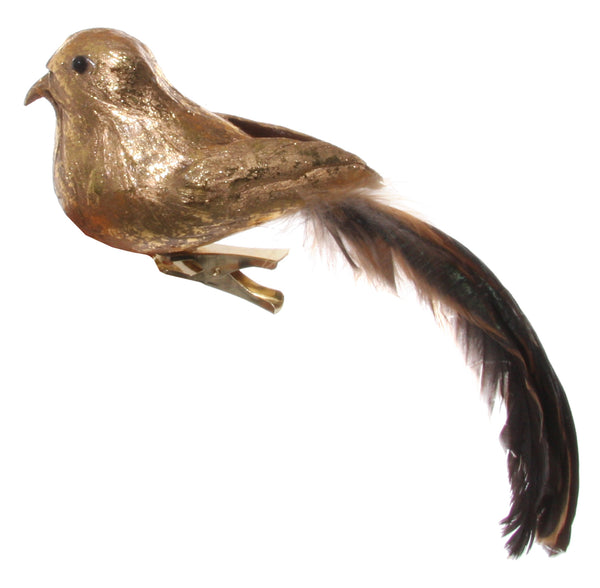 Feather bird gold brown tail on clip 20cm