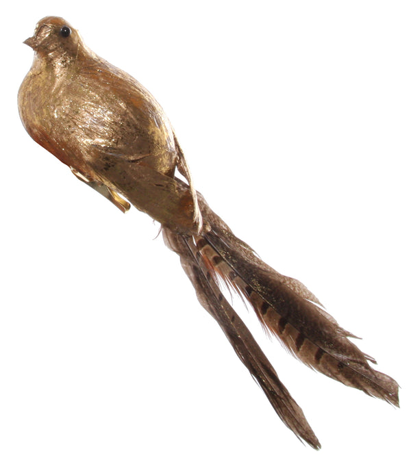 Feather bird gold brown tail on clip 23cm