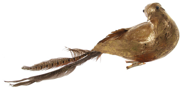 Feather bird gold brown tail on clip 30cm
