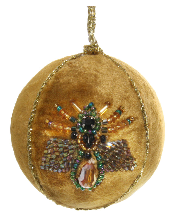 Velvet ball gold with blue fly embroidery 7,5cm