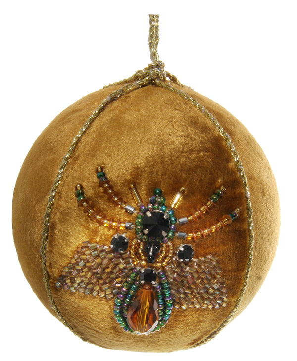 Velvet ball gold with blue fly embroidery 9,5cm