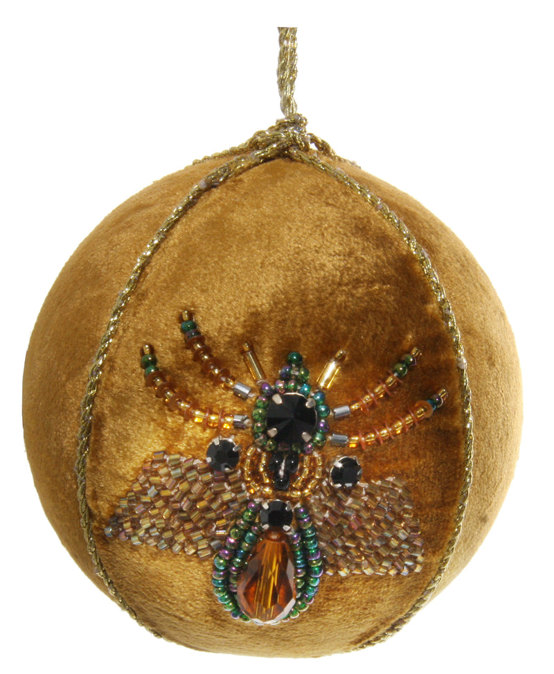 Velvet ball gold with blue fly embroidery 9,5cm