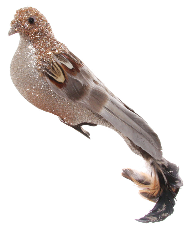 Feather bird grey silver chest on clip 30cm