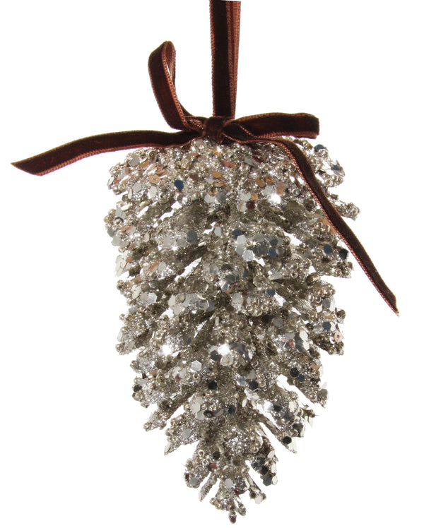 Glitter cone ornament silver 7x11cm