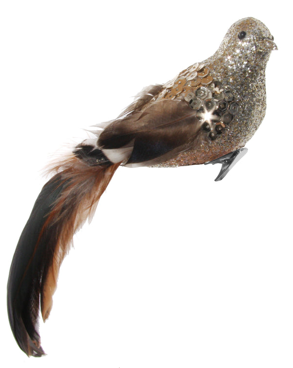 Feather bird champagne glitter brown tail 22cm