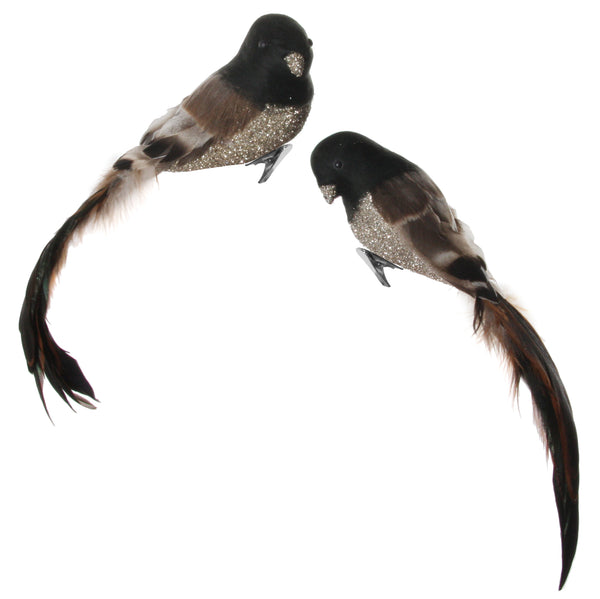 Feather bird silver glass glitter brown tail mix2 22cm