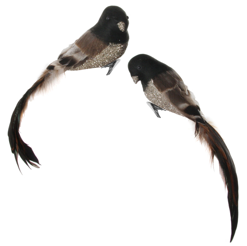 Feather bird silver glass glitter brown tail mix2 22cm