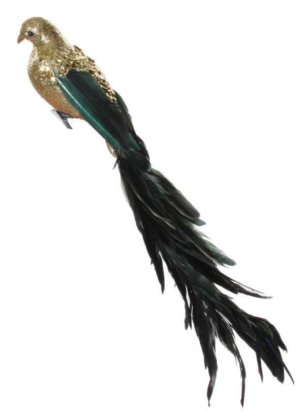 Feather bird gold glitter-sequin body blue-green tail 40cm