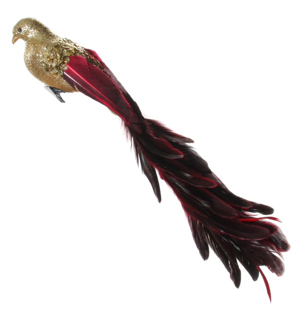 Feather bird gold glitter-sequin body red tail 40cm