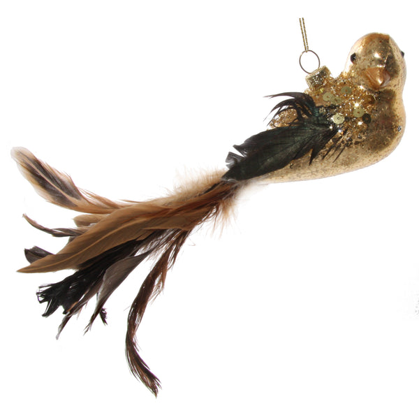 Glass bird feather tail gold 22cm