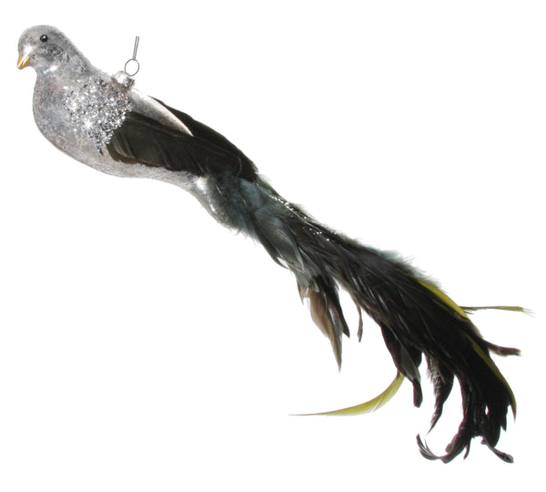 Glass bird feather tail silver 44cm