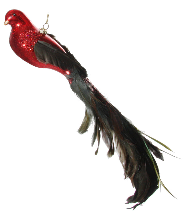Glass bird feather tail red 44cm