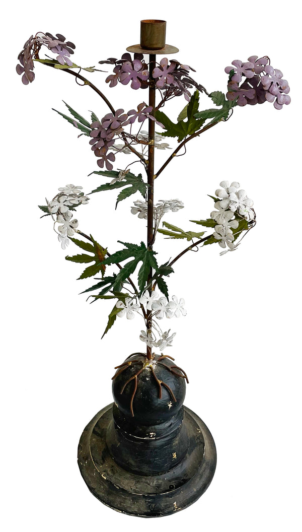 Metal candleholder with leaves and flowers wooden stand h60cm