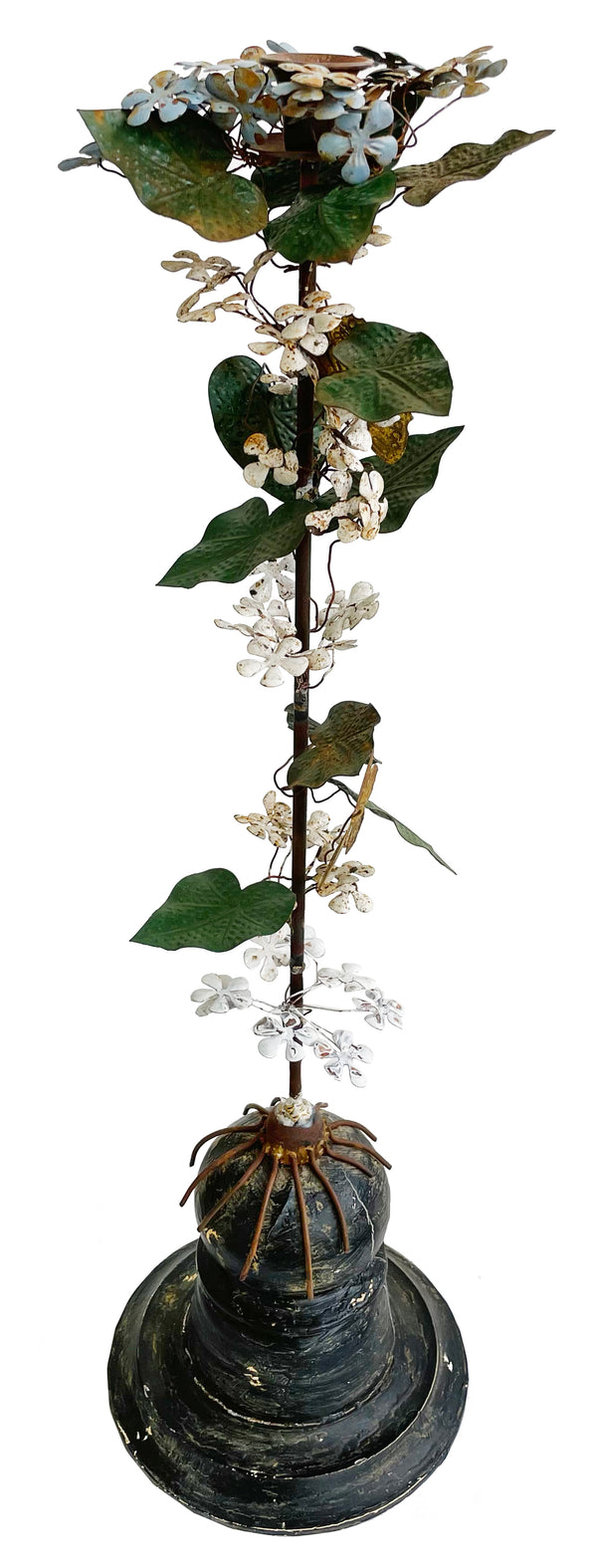 Metal candleholder with leaves and flowers wooden stand h60cm