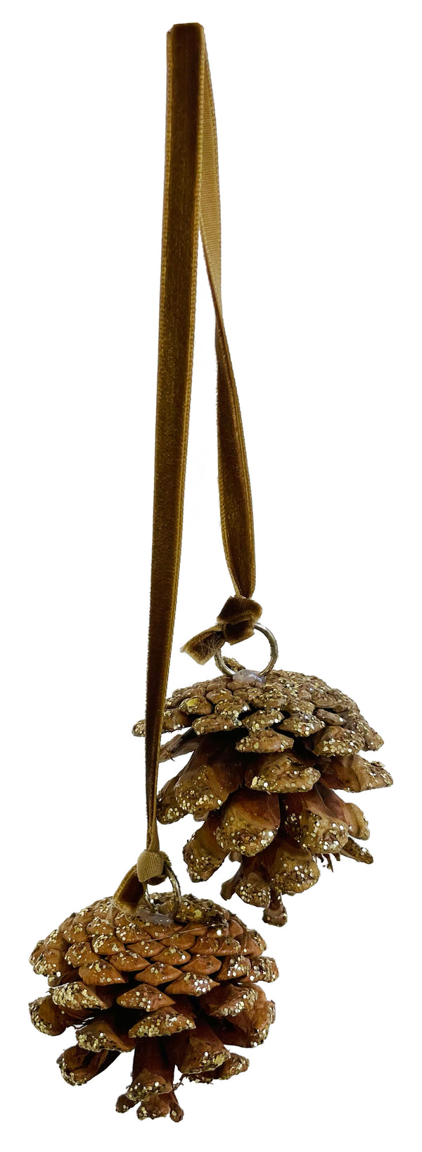 Pinecones connected with velvet hanger natural with gold glitter 5cm