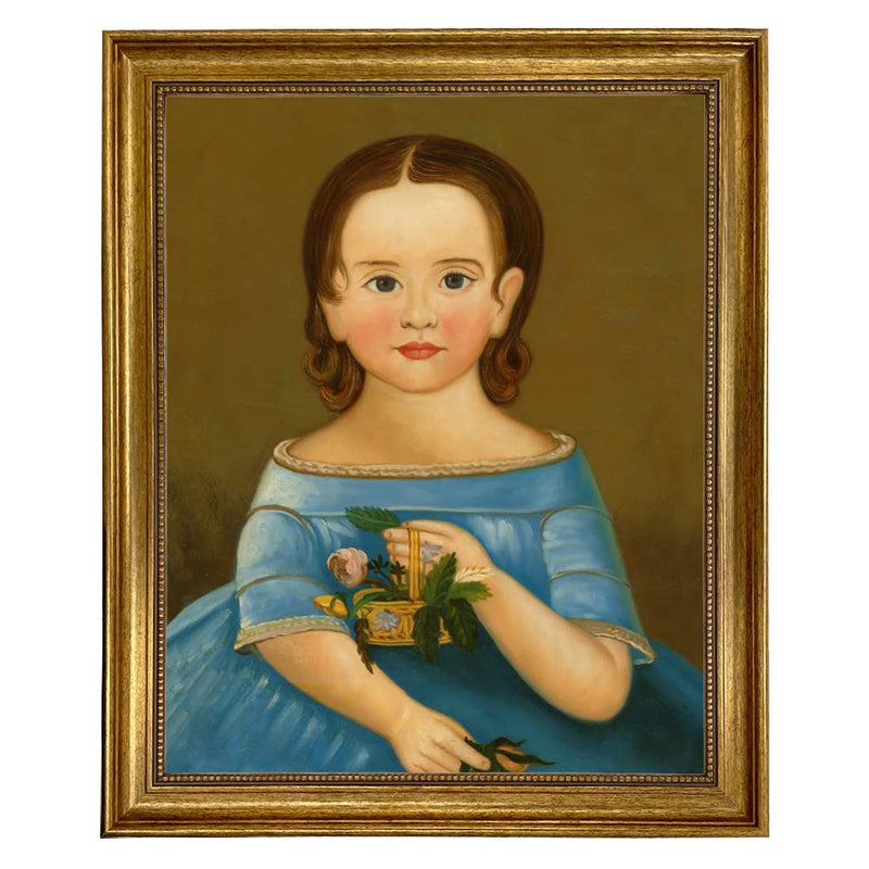 Girl in Blue Dress Framed Painting Print on Canvas - Gold Fr