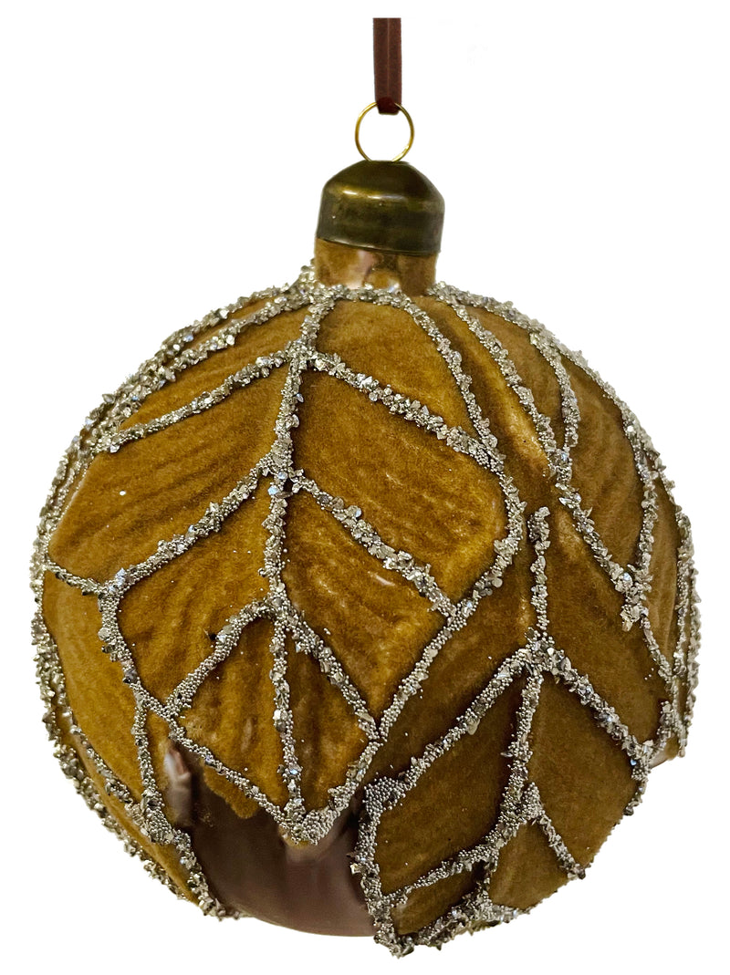 Glass ball leaves velvet brown silver beads 10cm