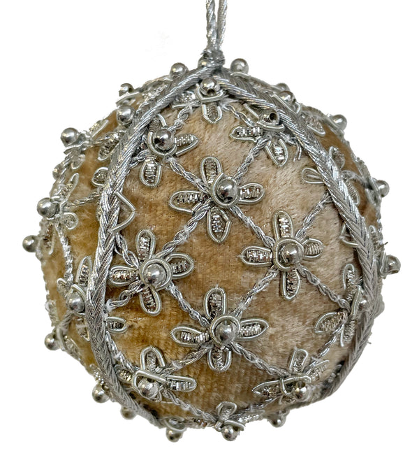 Velvet beaded ball beige, silver 7cm