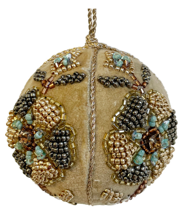 Velvet ball beige with grey, green, gold bead flowers 7cm