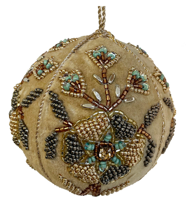 Velvet ball beige with grey, green, gold bead flowers 9cm