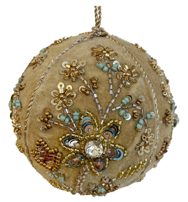 Velvet ball beige with grey, green, silver bead flowers 9cm