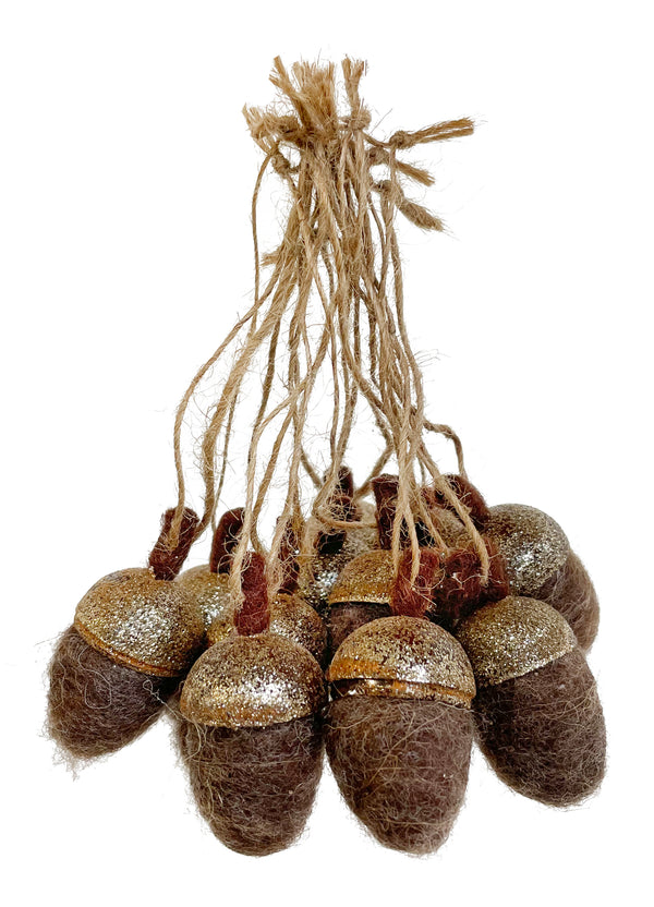 Woolen acorn bag of 12 brown 5,5cm