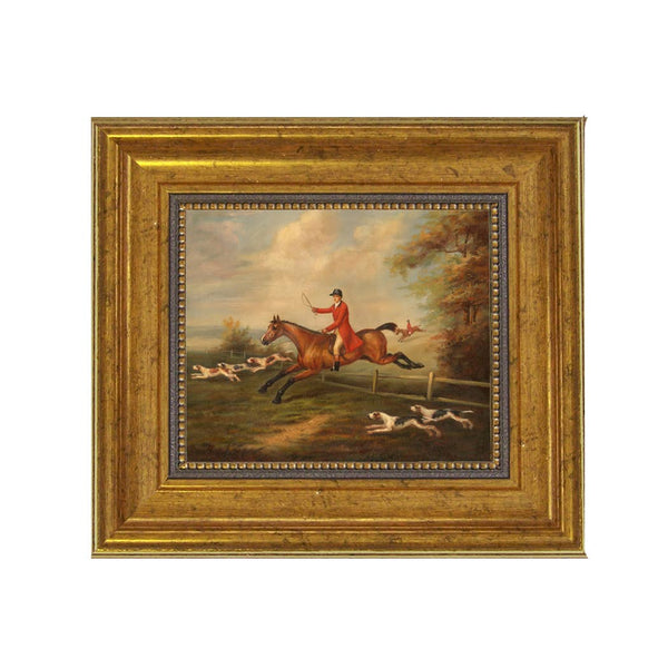 Fox Hunting Scene Oil Painting Print on Canvas, Gold Frame