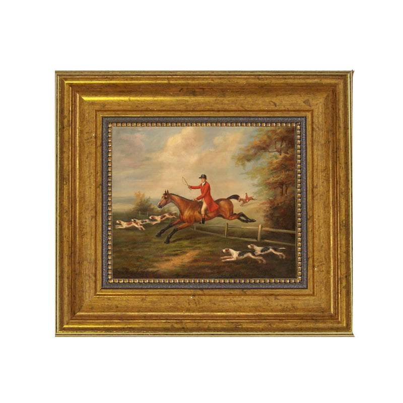Fox Hunting Scene Oil Painting Print on Canvas, Gold Frame