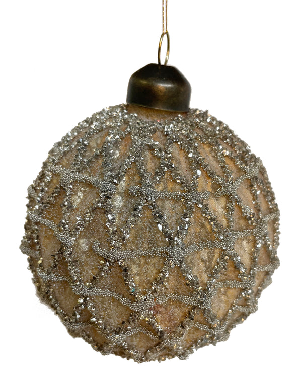 Glass net ball sugared antique gold mat w/silver glitter 8cm