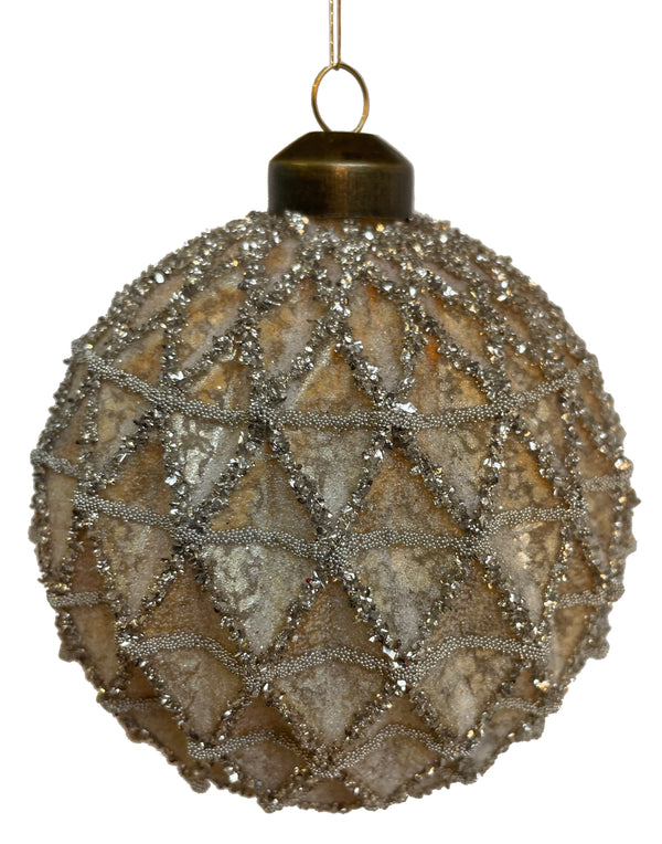Glass net ball sugared antique gold mat w/silver glitter 10cm