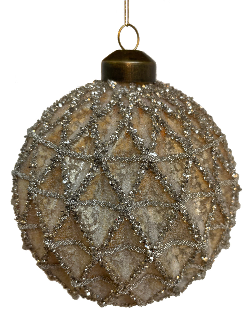 Glass net ball sugared antique gold mat w/silver glitter 10cm