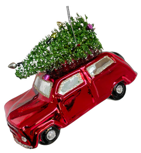 Glass car shiny red with tree 13cm