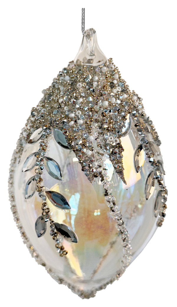 Glass drop clear iridescent bead top gem leaves 14cm