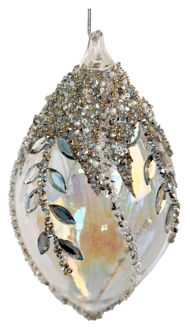 Glass drop clear iridescent bead top gem leaves 14cm