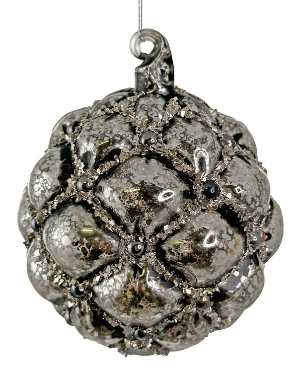 Glass cone ball antique silver grey w/silver glitter 8cm