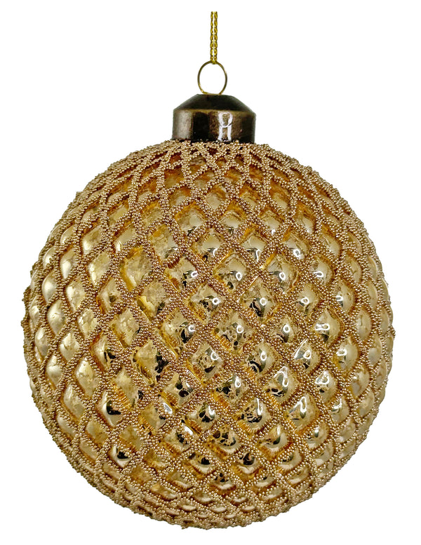 Glass cone ball shiny gold w/gold beads 10cm