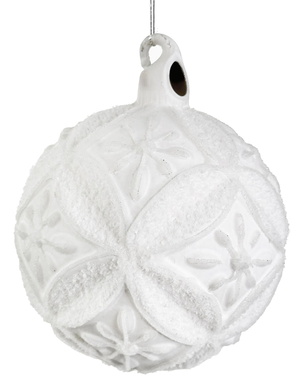 Glass floral ball white mat w/white snow 8cm