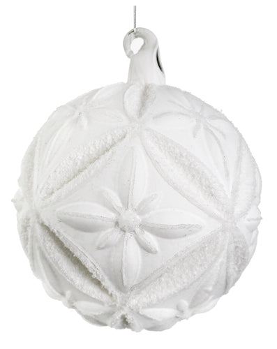 Glass floral ball white mat w/white snow 10cm