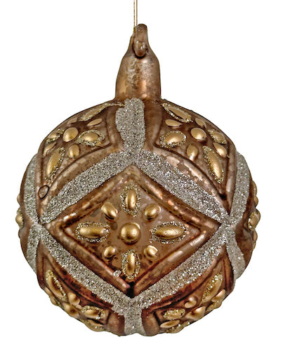 Glass floral ball antique brown mat w/gold painting & silver glitter 8cm