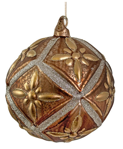 Glass floral ball antique brown mat w/gold painting & silver glitter 12cm