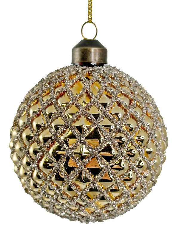 Glass cone ball shiny gold w/silver glass glitter 8cm