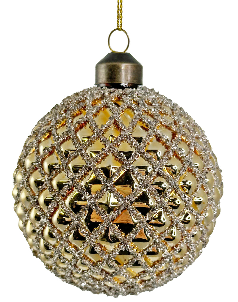 Glass cone ball shiny gold w/silver glass glitter 8cm