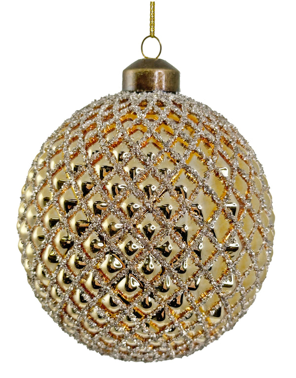 Glass cone ball shiny gold w/silver glass glitter 10cm