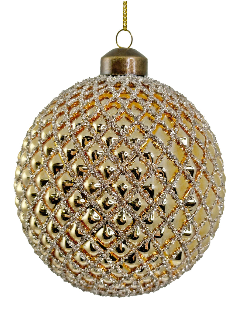 Glass cone ball shiny gold w/silver glass glitter 10cm