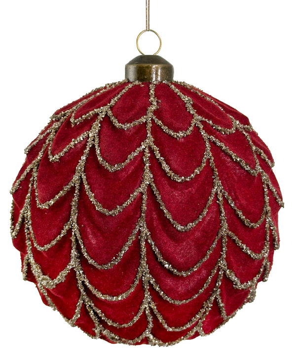 Glass garland ball burgundy velvet w/silver glass glitter 12cm