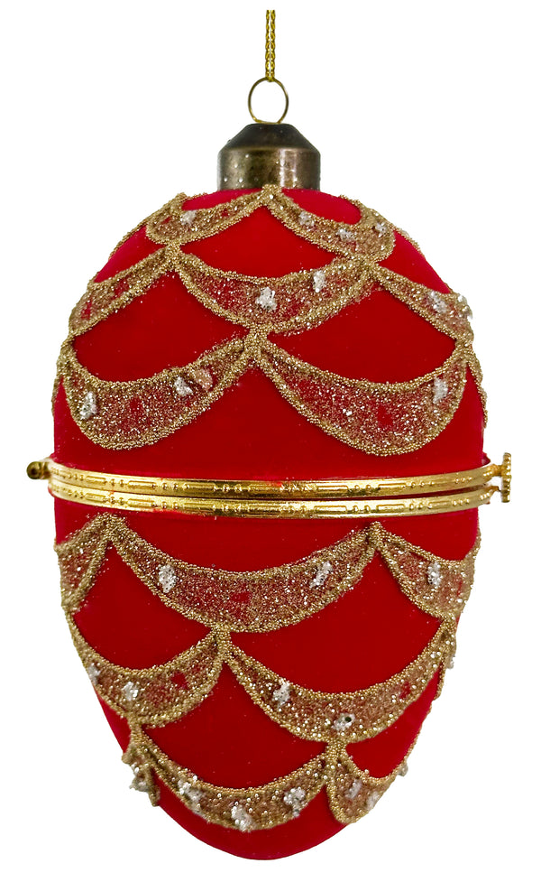 Glass opening egg red velvet w/gold beads 12cm