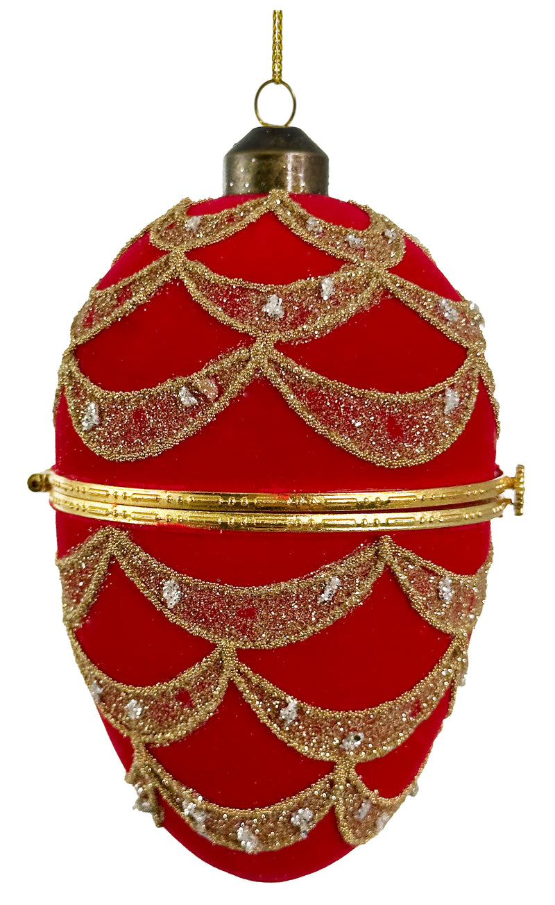 Glass opening egg red velvet w/gold beads 12cm